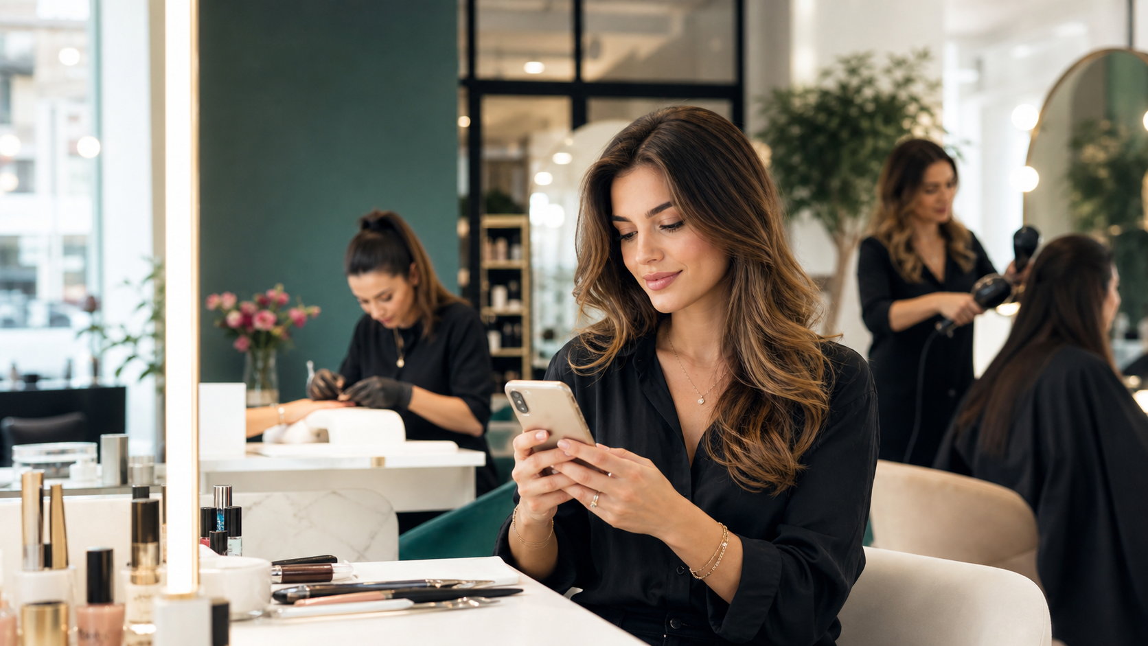 Client using a phone in a modern London salon